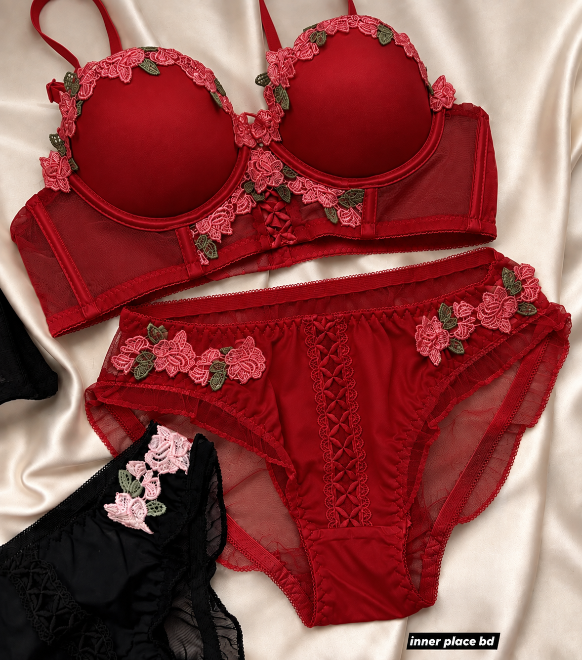 Pack of 3 Rosé Belle™ Floral Lace Lingerie Set