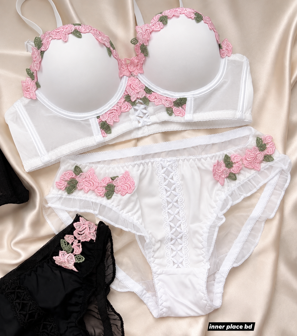 Pack of 3 Rosé Belle™ Floral Lace Lingerie Set